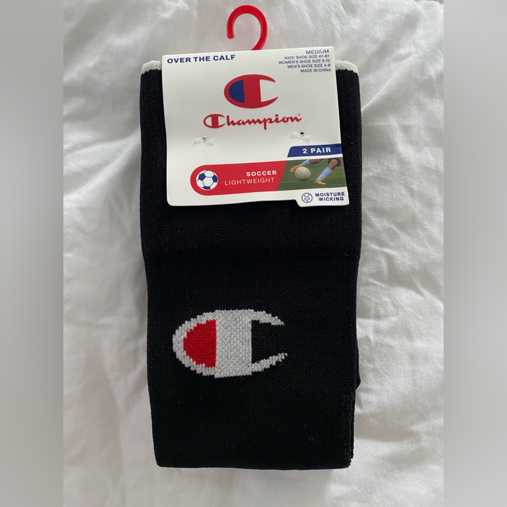 NWT Champion Soccer Socks size M (kids 4-8y) Black Gray Over Calf Socks 2 pairs